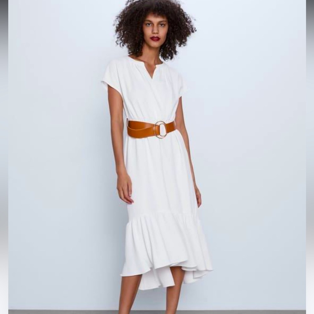 Zara Off-White Midi Ruffle Dress